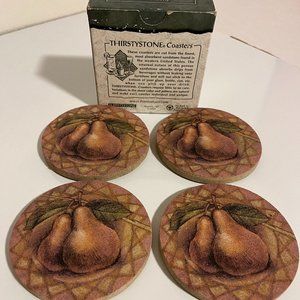 SET OF 4 SANDSTONE water absorbing COASTERS W/ NATURAL CORK BACKING